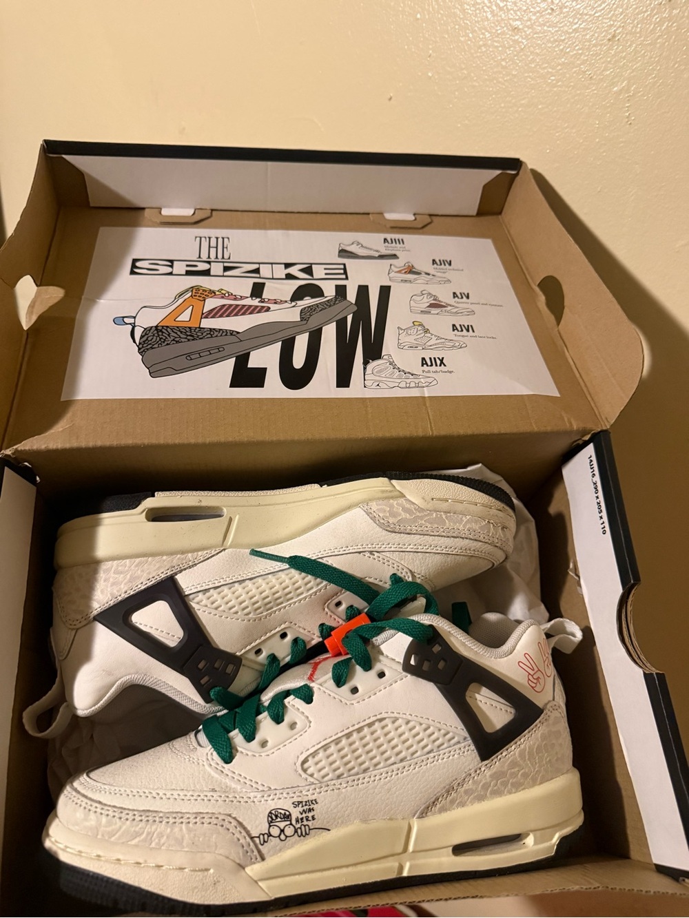 Jordan Kids White Sneakers with Green Laces and Orange Accent SIZE 4Y